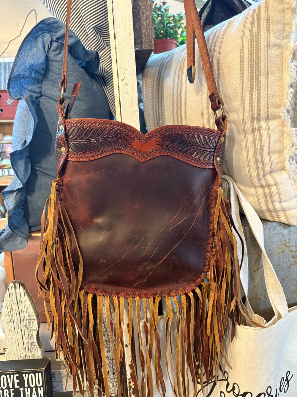 Brown Leather Fringe Crossbody Bag with Turquoise Accent - Picture 2 of 6